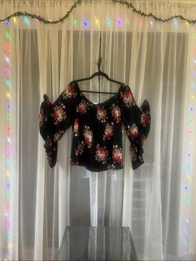 Black Floral Off-Shoulder Blouse with Statement Puff Sleeves